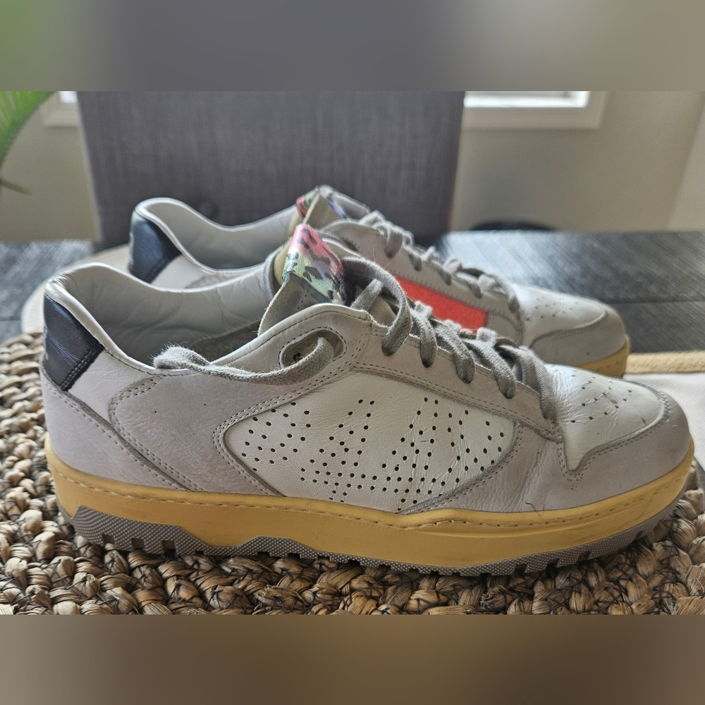 P448 Gray and White, Pink Sneakers with Black and Yellow Accents